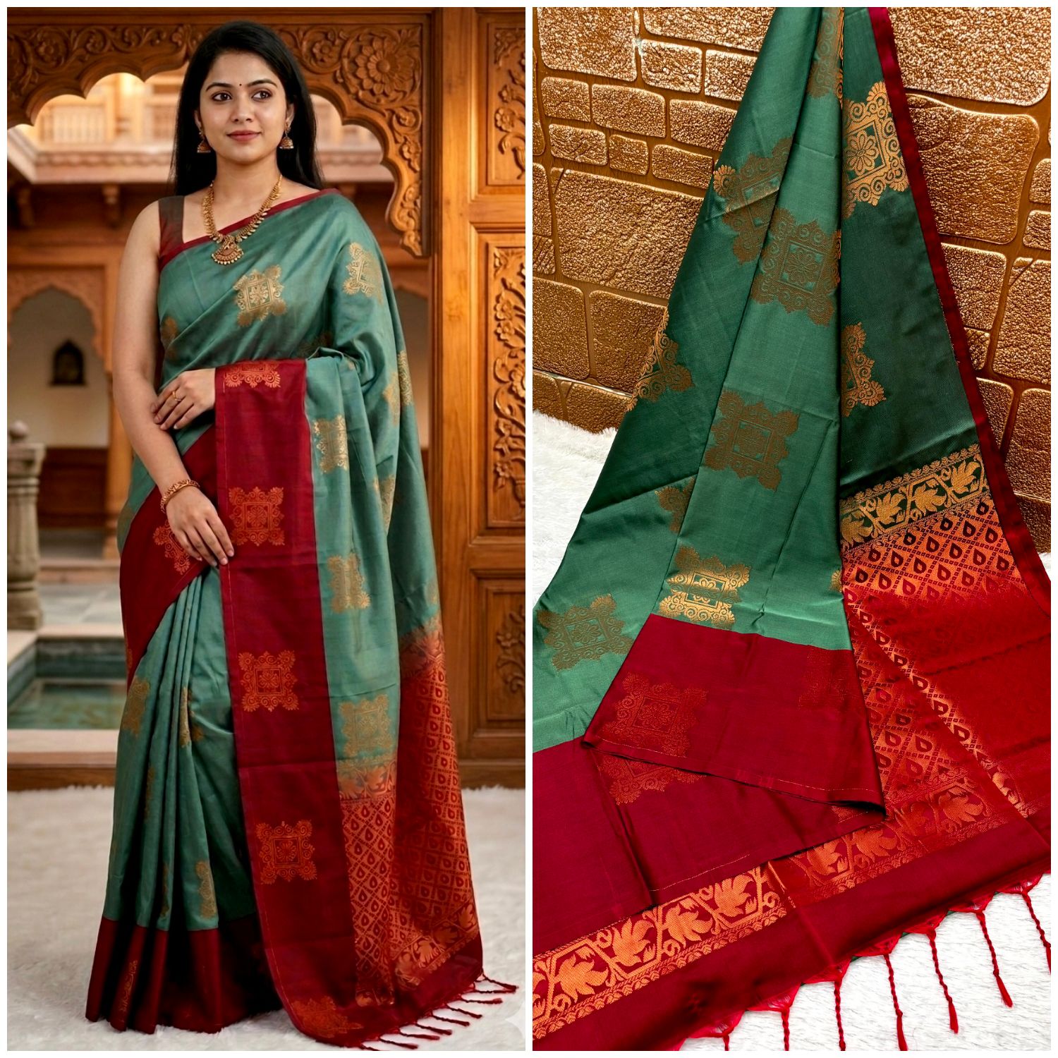 Sea Green and Maroon Banarasi Soft Silk Cotton Saree
